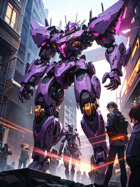 masterpiece, best quality, slenderness, pink color eyes, purple hair, From anime《code geass》, long hair, full body, purple and black tight combat suit, latex combat suit, purple and black humanoid mech background, cyber punk, giant mech, mech background, c...