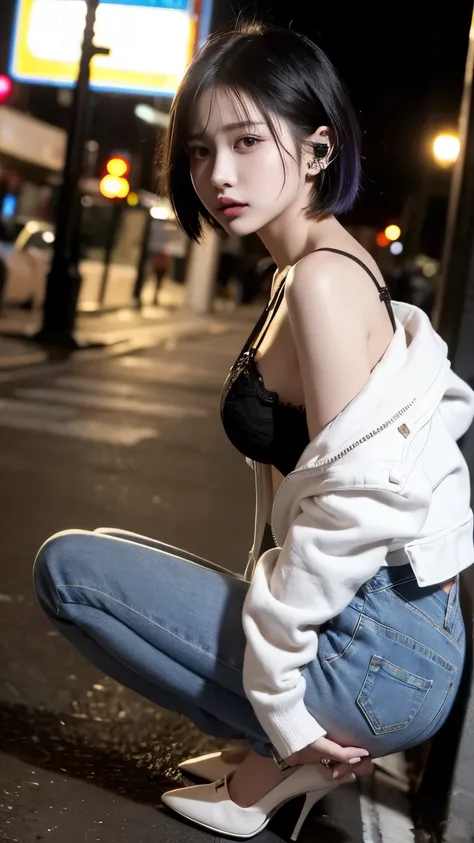 a hot punk girl with many piercings and punk hair stands at a bus stop at night. she exudes a rebellious vibe with colorful, edg...