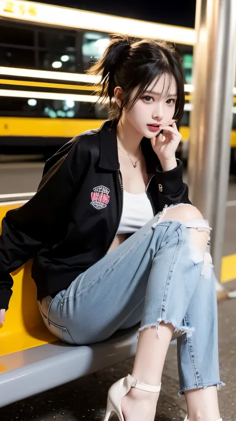 A hot punk girl with many piercings and punk hair stands at a bus stop at night. She exudes a rebellious vibe with colorful, edgy attire featuring a kidah pierced through her ear and nose. Her punk jacket is open, revealing a bold book top and a glimpse of...