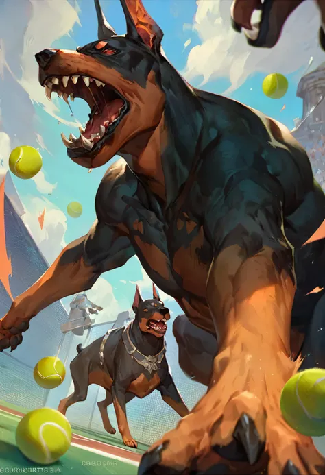 score_9, score_8_up, score_7_up, BREAK, gwentstyle, A dog chases a tennis ball thrown by a human、Doberman、Drooling and chasing、Park Background、creature, epic shot, (dark fantasy:1.2),