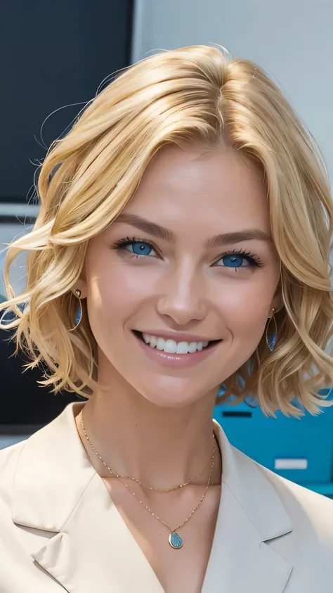 Blonde Caucasian Woman、, Wavy Hair、Short Haircut、, Blue eyes,、smile、Emphasis on teeth、Office ladies suit、Ear piercing、necklace、The background is the office
