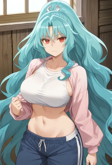 long hair aqua hair ponytail red eyes, slit pupils, big breast,((nikini)), kubrick stare