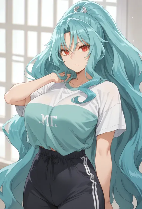 long hair aqua hair ponytail red eyes, slit pupils, big breast,((nikini)), kubrick stare