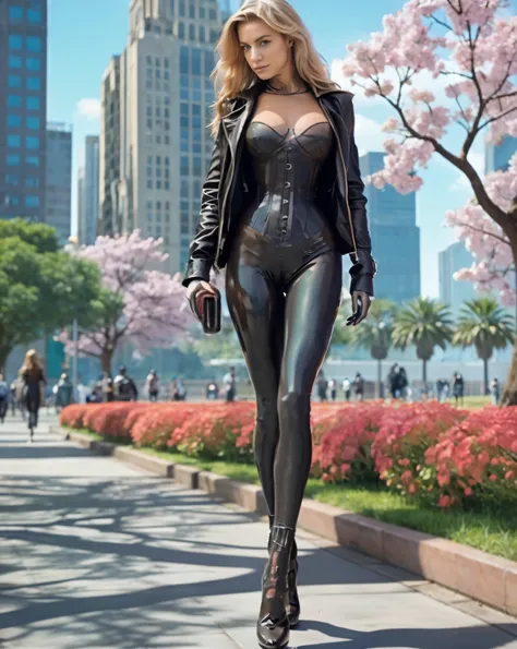 masterpiece, realistic image, an attractive blonde woman wearing a lycra catsuit with corset, leather jacket and a bag, walking ...