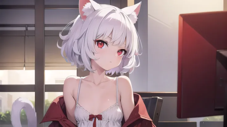 neferpitou, short hair, (red eyes:1.5), full body , dress, animal ears, white hair, shorts, cat ears, cat tail, curly hair, (small breast:1.2), BREAK looking at viewer, BREAK outside, BREAK (masterpiece:1.2), best quality, high resolution, unity 8k wallpap...