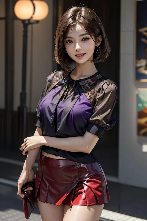 (1 The Ultimate Beautiful Mature Woman), Very detailedな顔, Beautiful brown eyes, double eyelid, Slightly thick detailed lip, Short black hair, (Light purple blouse:1.2), (Red tight mini skirt:1.4), Large Breasts, smile, Thighs, Perfect lighting, (Realistic:...