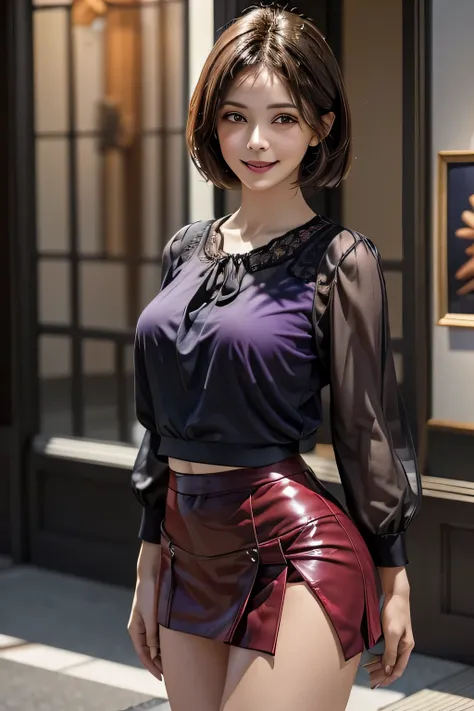 (1 The Ultimate Beautiful Mature Woman), Very detailedな顔, Beautiful brown eyes, double eyelid, Slightly thick detailed lip, Short black hair, (Light purple blouse:1.2), (Red tight mini skirt:1.4), Large Breasts, smile, Thighs, Perfect lighting, (Realistic:...