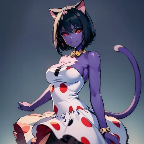 ((masterpiece,best quality,ultra-delicate,Perfect Face,16k,high resolution,very beautiful girl)), purple skin, cat ears, cat tail,
polka dots pattern white strapless dress, polka dots pattern white tights, black short hair, red eyes, large breasts, cute...