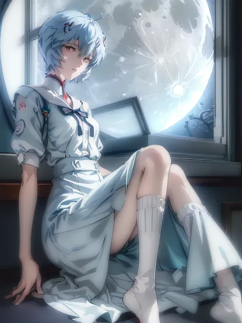 ultra-detailed, illustration, Beautiful Face, Beautiful body, (Rei Ayanami), Bluish silver hair, Silky short hair, (((Large windows, Open window, Leaning on the window frame, One foot on the window frame))), (Hold your one side knees), Tokyo-3 middle schoo...