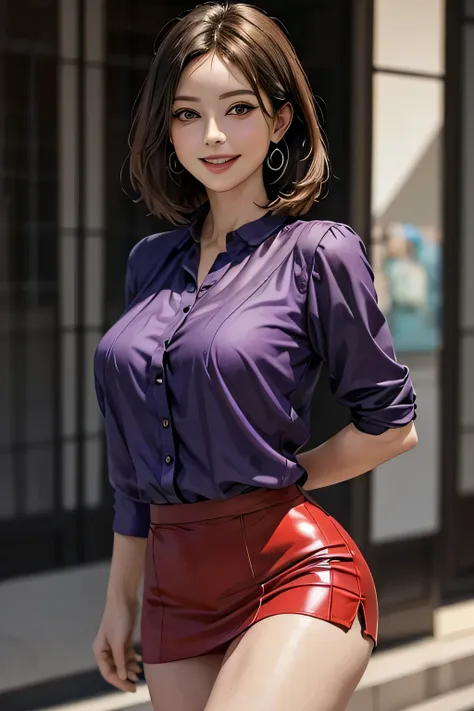 (1 The Ultimate Beautiful Mature Woman), Very detailedな顔, Beautiful brown eyes, double eyelid, Slightly thick detailed lip, Short black hair, (Light purple blouse:1.2), (Red tight mini skirt:1.4), Large Breasts, smile, Thighs, Perfect lighting, (Realistic:...