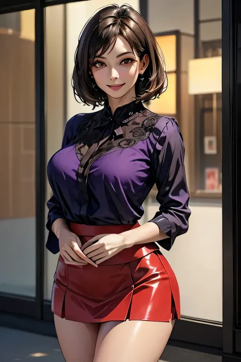 (1 The Ultimate Beautiful Mature Woman), Very detailedな顔, Beautiful brown eyes, double eyelid, Slightly thick detailed lip, Short black hair, (Light purple blouse:1.2), (Red tight mini skirt:1.4), Large Breasts, smile, Thighs, Perfect lighting, (Realistic:...