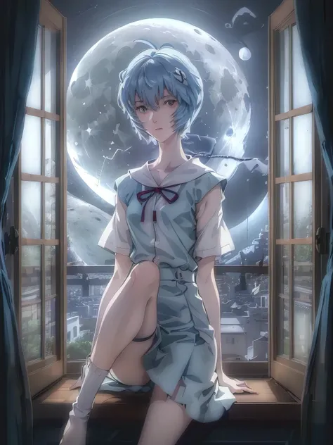 ultra-detailed, illustration, Beautiful Face, Beautiful body, (Rei Ayanami), Bluish silver hair, Silky short hair, (((Large windows, Open window, Leaning on the window frame, One foot on the window frame))), (Hold your one side knees), Tokyo-3 middle schoo...