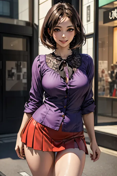 (1 The Ultimate Beautiful Mature Woman), Very detailedな顔, Beautiful brown eyes, double eyelid, Slightly thick detailed lip, Short black hair, (Light purple blouse:1.2), (Red tight mini skirt:1.4), Large Breasts, smile, Thighs, Perfect lighting, (Realistic:...