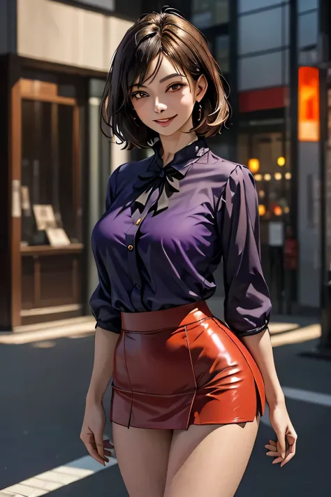 (1 The Ultimate Beautiful Mature Woman), Very detailedな顔, Beautiful brown eyes, double eyelid, Slightly thick detailed lip, Short black hair, (Light purple blouse:1.2), (Red tight mini skirt:1.4), Large Breasts, smile, Thighs, Perfect lighting, (Realistic:...