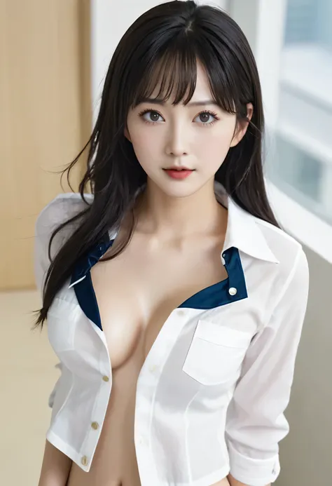 (((masterpiece) (((((Highest quality))))((High resolution))))), Very detailed, Ultra-realistic, )、、lockerルーム、Open shirt、White bra、White panties、Black Hair、Small breasts、locker