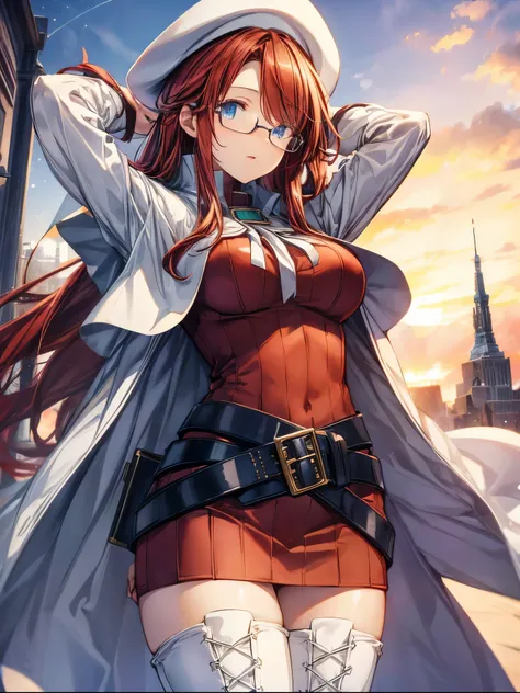 summonnightaty, aty, (young:1.3),long hair, blue eyes, red hair, large_breasts, glasses,
BREAK long hair, thighhighs, dress, glasses, belt, cape, sweater, zettai ryouiki, beret, thigh boots, white footwear, ribbed sweater, loose belt,solo,
BREAK outdoors, ...