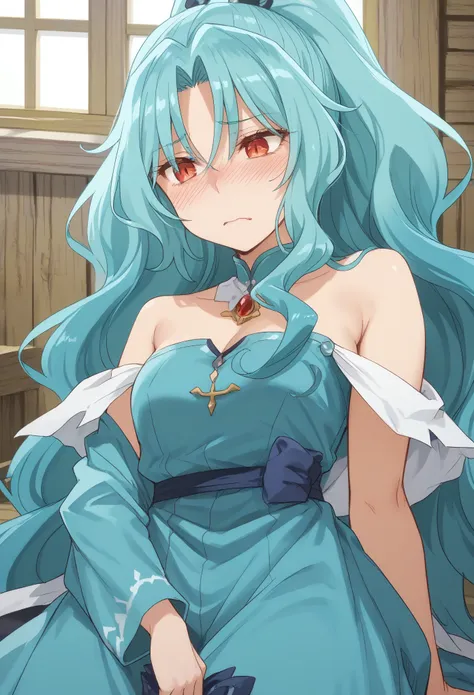 long hair aqua hair ponytail red eyes,slit pupils,((blue ball dress)),(embarrasment,blush,red face,looking away,looking down,bit...