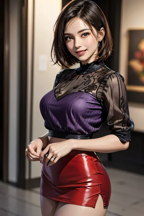 (1 The Ultimate Beautiful Mature Woman), Very detailedな顔, Beautiful brown eyes, double eyelid, Slightly thick detailed lip, Short black hair, (Light purple blouse:1.2), (Red tight mini skirt:1.4), Large Breasts, smile, Thighs, Perfect lighting, (Realistic:...