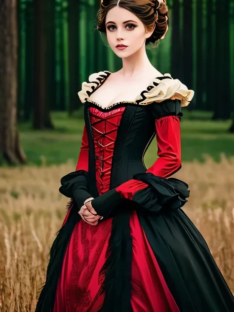 woman in red dress standing in a field of grass with trees, in a red victorian era dress, victorian style costume, in victorian aristocrat, victorian dress, 1 8 8 0 s style, elegant victorian vampire, victorian inspired clothing, red and black costume!!!, ...