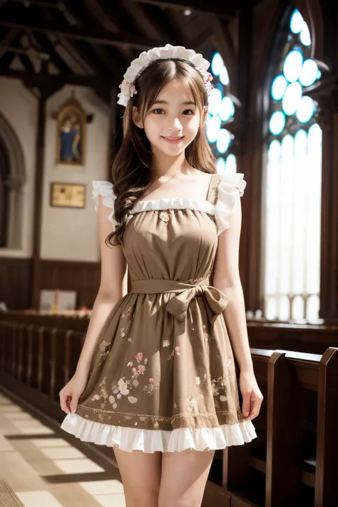 1 young girl,very cute and beautiful japanese teen actress,highly detailed beautiful face,
looking at viewer,smile,beautiful legs,solo,
(floral pattern lolita brown dress with detailed frills),
altar,church,indoors,real person,photorealistic,8k,raw photo,