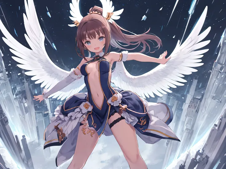 fantasy, 1angel_girl, low_teen, dark_brown_hair,ponytail,long_bangs, (dark_skin)+, bare_shoulder, navel out, thighhighs,silver_shiny_armor, white_wear,waist_armor, Glebe, medium_breasts, dynamic_flying_pose,Floating, (1pair_white_wings:1.2),(pelvic_curtain...