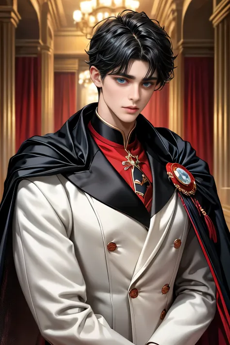 masterpiece, 最high quality, high quality, 1 boy, alone, Male focus, Upper Body,Watching the audience, Messy black hair, Adorable big blue eyes, White, Noble, Noble,A black and red cape that is bursting with sexy volume、Tuxedo、A very voluminous, large, very...