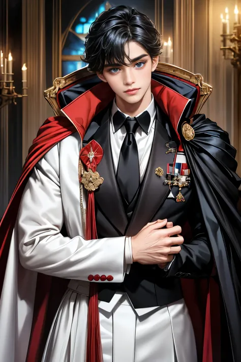 masterpiece, 最high quality, high quality, 1 boy, alone, Male focus, Upper Body,Watching the audience, Messy black hair, Adorable big blue eyes, White, Noble, Noble,A black and red cape that is bursting with sexy volume、Tuxedo、A very voluminous, large, very...