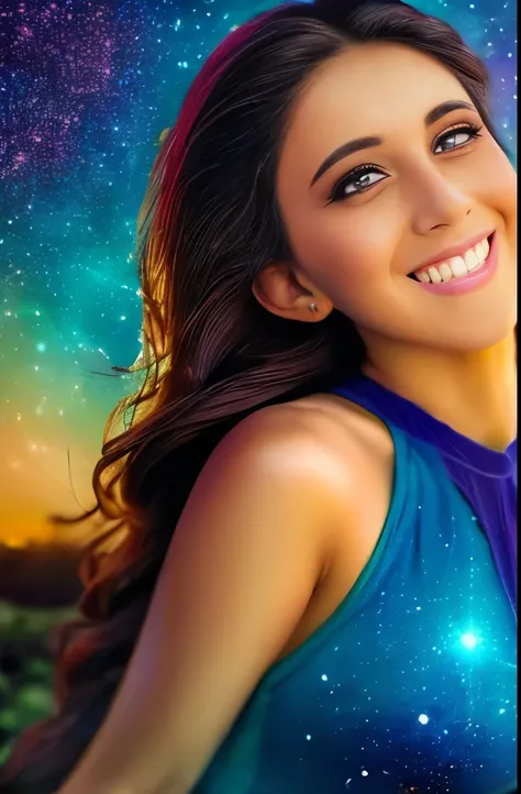 High detail, super detail, super high resolution, girl enjoying her time in the dream galaxy, surrounded by stars, warm light sprinkled on her, background is starry sky with colorful galaxies and galaxy clouds, stars flying around her, delicate face, addin...