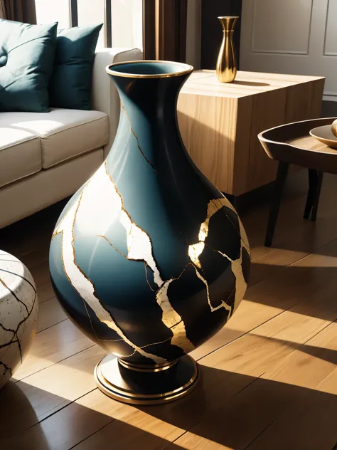 kintsugi, ceramic vase on a living room table