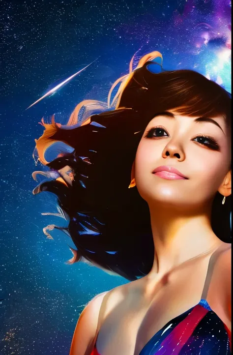 High detail, super detail, super high resolution, girl enjoying her time in the dream galaxy, surrounded by stars, warm light sprinkled on her, background is starry sky with colorful galaxies and galaxy clouds, stars flying around her, delicate face, addin...