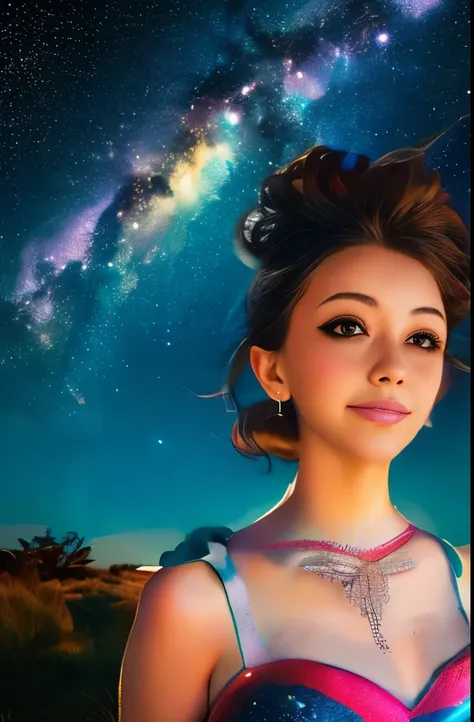 High detail, super detail, super high resolution, girl enjoying her time in the dream galaxy, surrounded by stars, warm light sprinkled on her, background is starry sky with colorful galaxies and galaxy clouds, stars flying around her, delicate face, addin...