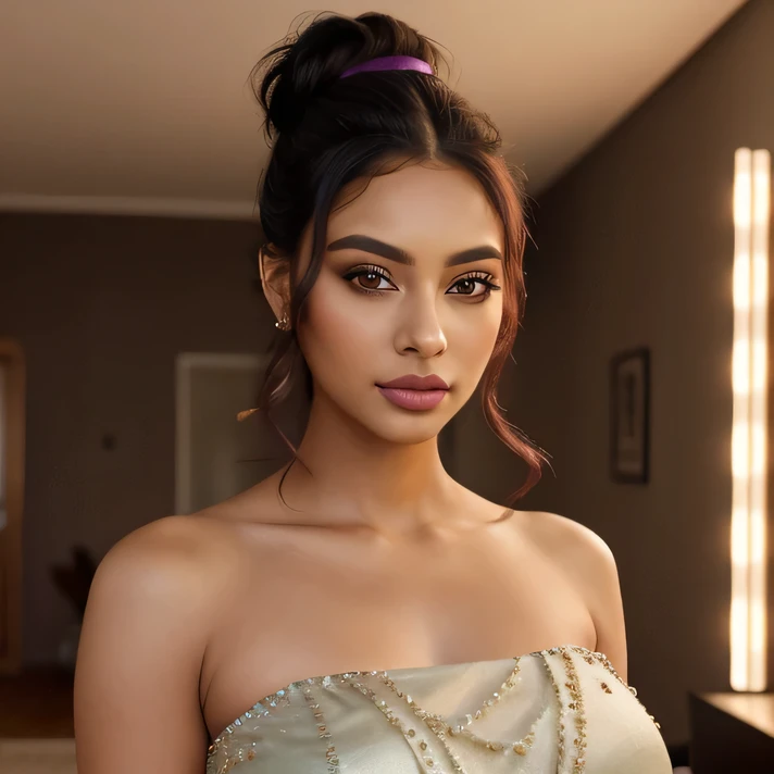 Create an ultra-realistic image of a modern, attractive female influencer of Indian descent, aged between 27 to 30. She should have a warm and inviting smile, expressive almond-shaped eyes with a slight shimmer, and clear, glowing skin with a medium brown ...