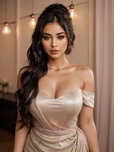 Create an ultra-realistic image of a modern, attractive female influencer of Indian descent, aged between 27 to 30. She should have a warm and inviting smile, expressive almond-shaped eyes with a slight shimmer, and clear, glowing skin with a medium brown ...