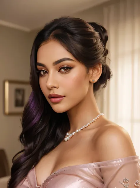 Create an ultra-realistic image of a modern, attractive female influencer of Indian descent, aged between 27 to 30. She should have a warm and inviting smile, expressive almond-shaped eyes with a slight shimmer, and clear, glowing skin with a medium brown ...