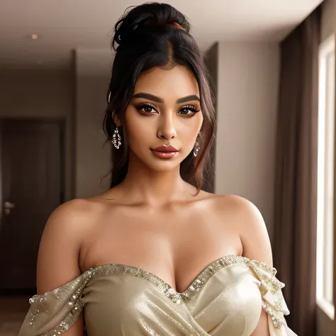 Create an ultra-realistic image of a modern, attractive female influencer of Indian descent, aged between 27 to 30. She should have a warm and inviting smile, expressive almond-shaped eyes with a slight shimmer, and clear, glowing skin with a medium brown ...