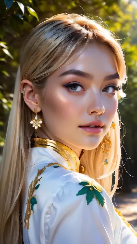 (((Face close-up)))､(((masterpiece, Highest quality, High resolution, Attention to detail)))), One, ((Fantasy)))), (A peerless beauty)))), (White short skirt with gold embroidery), (Long blonde ponytail：Dumpling１), (Shiny, dark black eyes), (Green surcoat ...