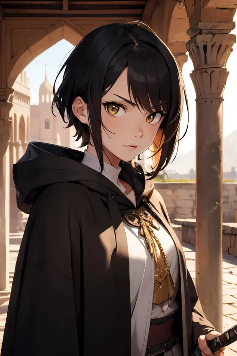 ((Highest quality)), ((masterpiece)), (detailed), 1 man,desert, ancient ruins, man, warrior, serious look, short hair, messy hair, black hair, golden eyes, big eyes, wide-eyed, wheatish skin, tall, slim, hooded cloak, holding sword, delicate facial feature...