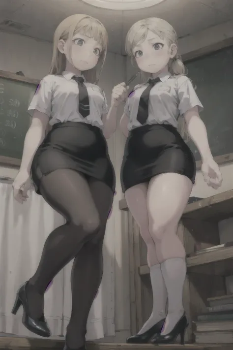 masterpiece, Highest quality,Two Girls,Young girl, Feeding_Fox Eyes, Dirty Blonde, Shag,sad _face,Glowing Skin,Medium chest,Beautiful leg lines:1.3,Thick thighs, Narrow waist,school uniform, Knee socks,tie,((Pencil Skirt)),Red high heels,   pantyhose, Bed,...