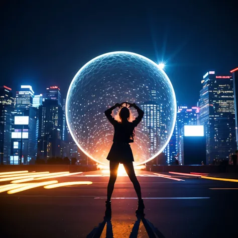 Create a vibrant EDM album cover featuring a futuristic cityscape at night. The skyline should be illuminated by neon lights in shades of electric blue, purple, and pink, casting reflections on the sleek, metallic surfaces of the buildings. In the foregrou...