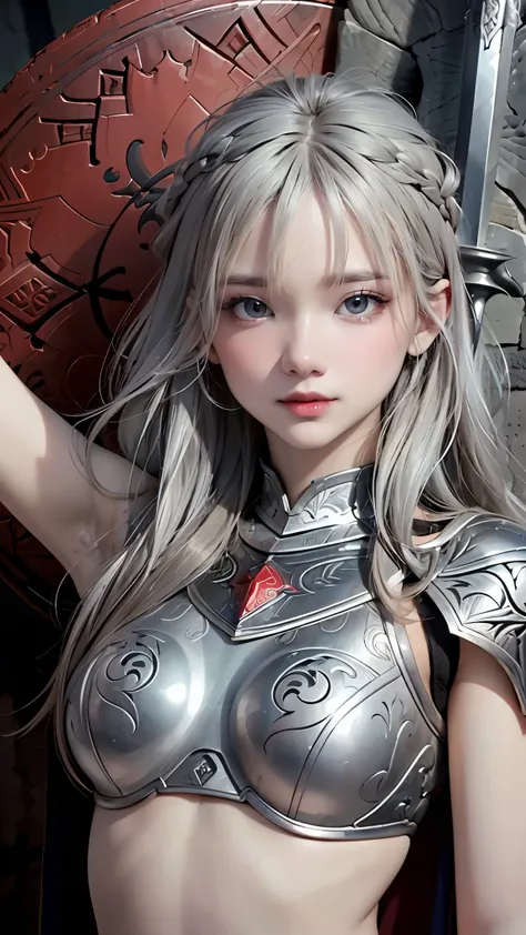 ((best quality)), ((Masterpiece)), (details), perfect face, White Warrior, ((long white hair, white skin, conjunctivitis)), Black Magic Sword, (A greatsword engraved with red runes.), Crazy eyes, Pale cheeks, fantasy novels, 2 women, ((silver armor, glove,...