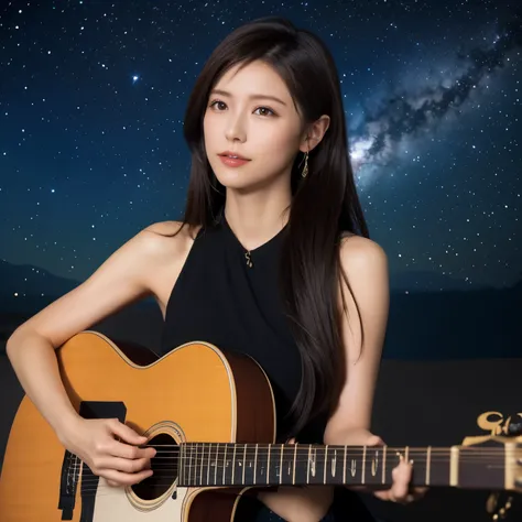 **プロンプト:**
Create a cover image for an instrumental rock album set in **outer space**. The background should feature a vast, starry cosmos with galaxies and nebulae. Place an **electric guitar** prominently in the foreground, floating amidst the stars. Ad...