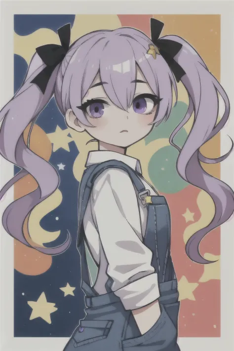Odd Eye、Right eye is purple、The highlight is the swirl、Left eye is yellow、The highlight is the star、Hair is long twin tails、Overall it's purple, but the far right and far left are yellow、The clothes are maid uniforms standing in front of me、The backgro...