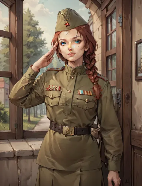 score_9, score_8_up, score_7_up, source_anime break 1girl, solo,soviet military uniform, soviet garrison cap, belt, red hair, br...