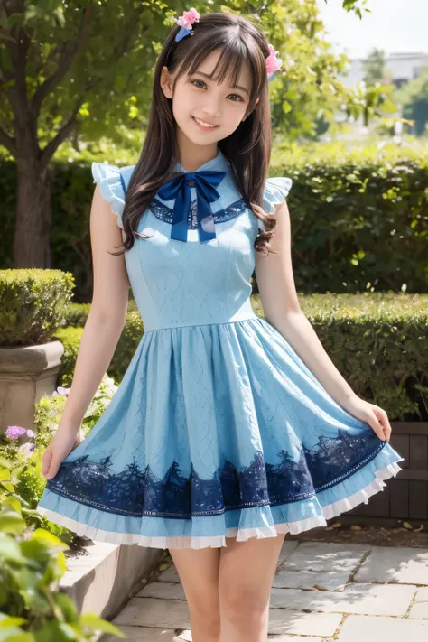 1 young girl,very cute and beautiful japanese teen actress,highly detailed beautiful face, looking at viewer,smile,beautiful legs,solo, (geometrical pattern lolita blue dress with detailed frills),detailed lace, flower garden,shrubbery,real person,photorea...