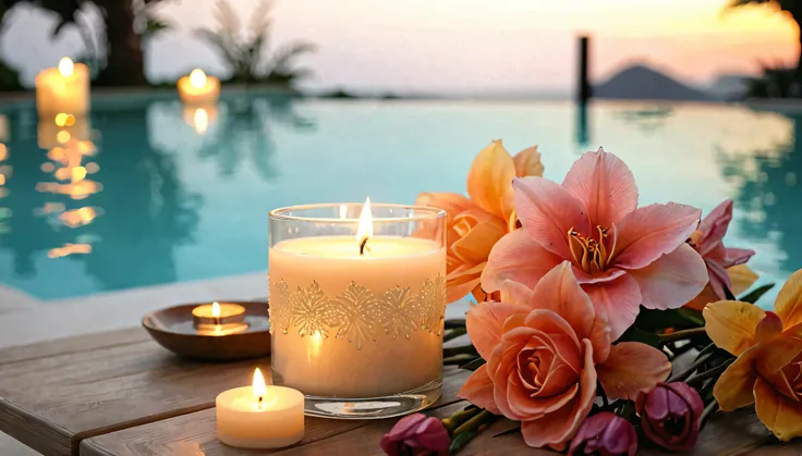 on a table near the pool、candles and flowers are placed。, beautiful atmosphere, beautiful atmosphere, romantic atmosphere, peace...