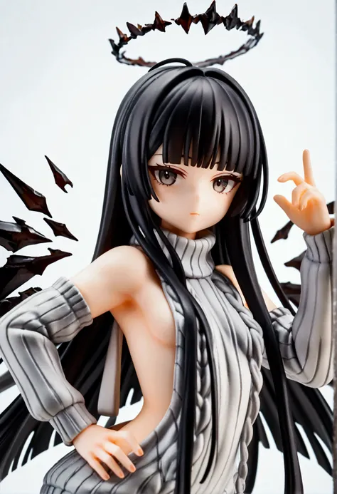 (score_9, score_8_up, score_7_up), 1girl, VirtuosaBase, cute young girl, (chibi:0.7), black hair, blunt bangs, long hair, broken halo, energy wings, black eyes, mole under right eye, small breasts, virgin killer sweater, detached sleeves, gray sweater, sin...