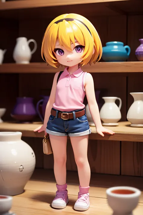 (pottery), museum, houjou_satoko, 1 female, alone, yellow hair, blonde, purple eyes, short hair, hair band, flat chest, , collar...