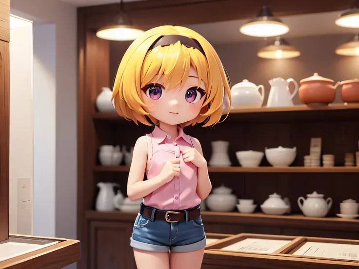 (Pottery), Museum, exhibit, Glass case, houjou_Satoko, 1 female, solo, Yellow Hair, blonde, Purple eyes, short hair, hair band, Flat chest, , Collared shirt,Sleeveless shirt,Pink Shirt, White Belt, Denim shorts,, Chibi Figures,