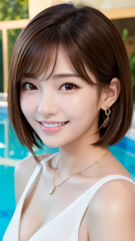 Beautiful Young Woman of the Year、 Korean women、Light brown hair、short hair、Necklace around the neck、Woman in swimsuit、、smile, Beautiful teeth alignment、Intricate details, Very detailed:1.2), 、 Looking into the camera,background is indoor pool、ear piercing