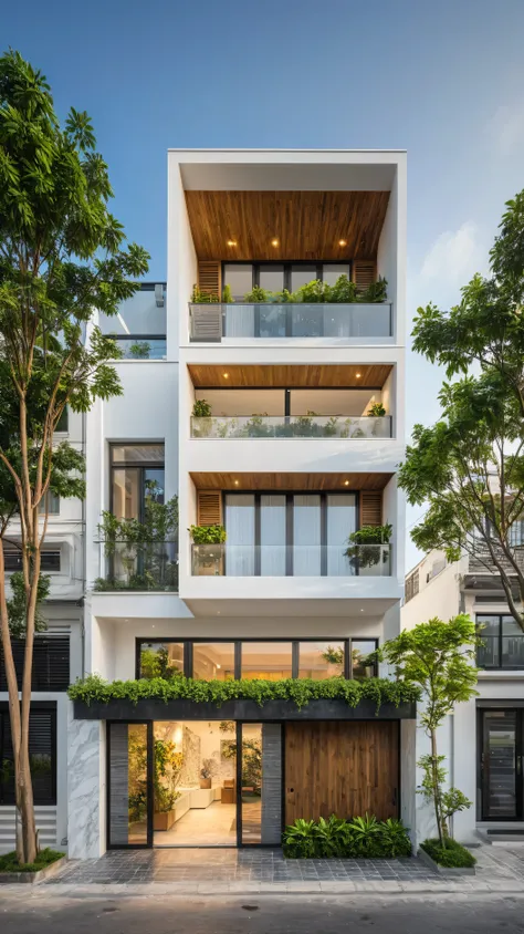 modern townhouse on street, (sunset), tropical tree, vivid colour, streetcapes, white tone, white wall, large glass door, (warm ...